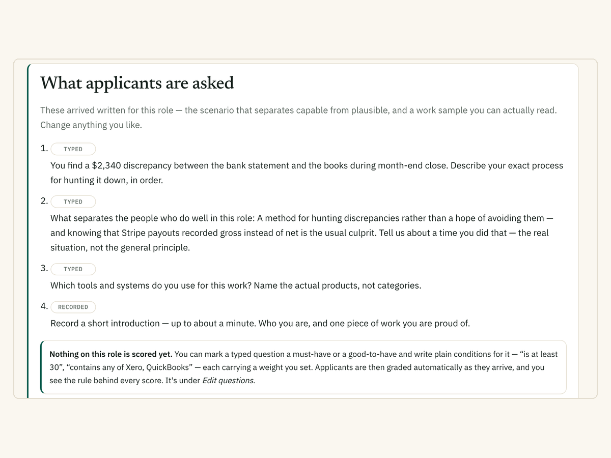 A posted bookkeeper role, with its screening questions already written and a link to share.