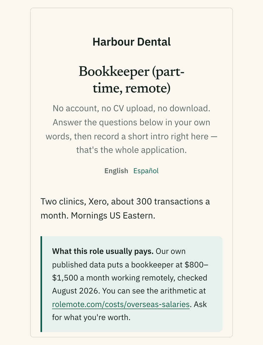 The page an applicant opens on their phone: the employer's name, the role, and the questions.